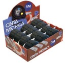 Caja expositora de 12 unidades de cinta metrica recubierta de goma, botón de parada de 5 metros. 19mm. 